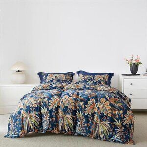 NEW Anthro Blue Floral Egyptian Cotton Boho Queen / King Bedding Duvet Sham Set